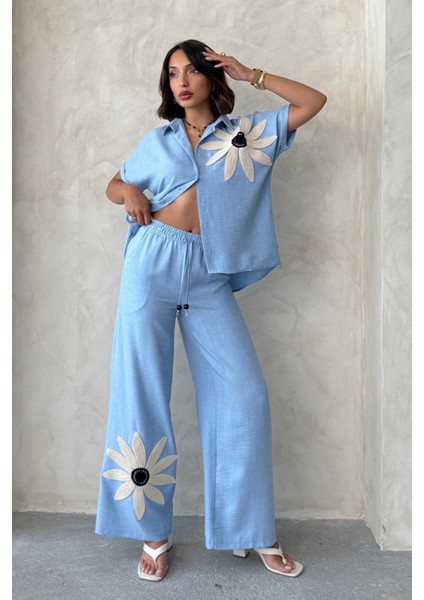Daisy Dream Kadın Mavi Çiçek Aplike Gömlek & Bol Paça Pantolon Takım – Zarif Yazlık Kombin indirimleri