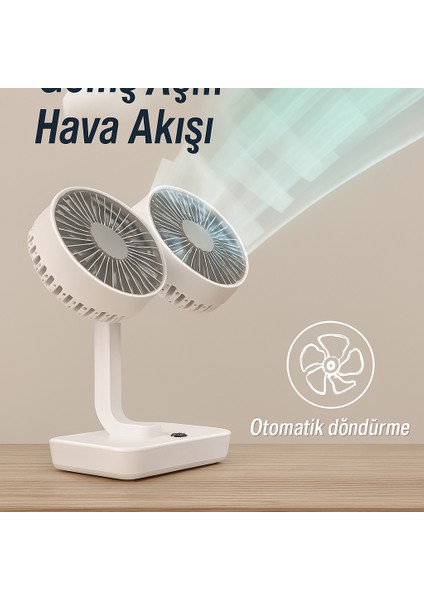 Taşınabilir Masaüstü Fan Çift Başlıklı– USB Şarjlı, Otomatik Döner, LED Işıklı, 4 Hız Ayarı fiyatları