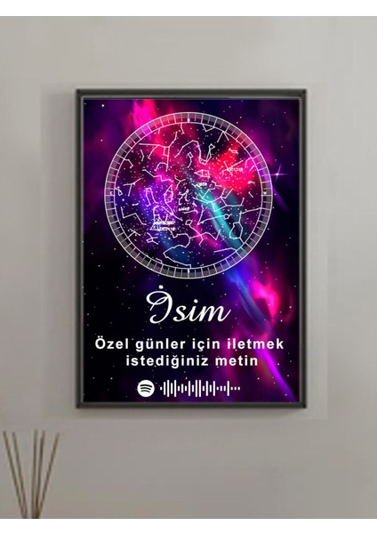Kişiye Özel Siyah Yıldız Haritası Çerçeveli Gökyüzü ve Spotify Kodu