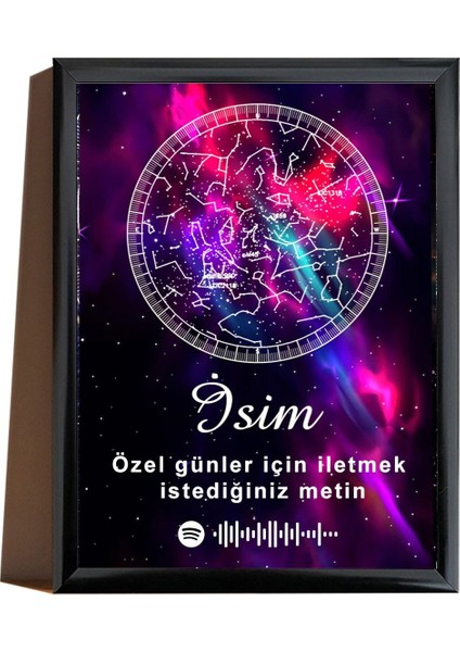 Kişiye Özel Siyah Yıldız Haritası Çerçeveli Gökyüzü ve Spotify Kodu modelleri