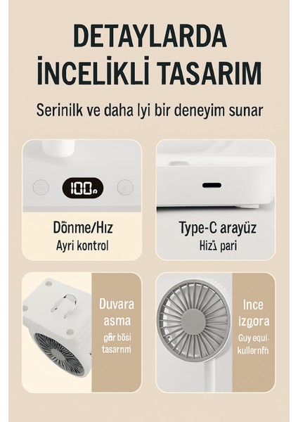 Taşınabilir Masaüstü Fan Çift Başlıklı– USB Şarjlı, Otomatik Döner, LED Işıklı, 4 Hız Ayarı modelleri