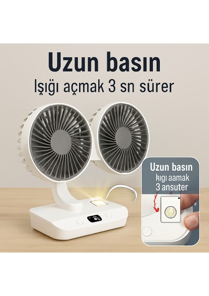 Taşınabilir Masaüstü Fan Çift Başlıklı– USB Şarjlı, Otomatik Döner, LED Işıklı, 4 Hız Ayarı fırsatları