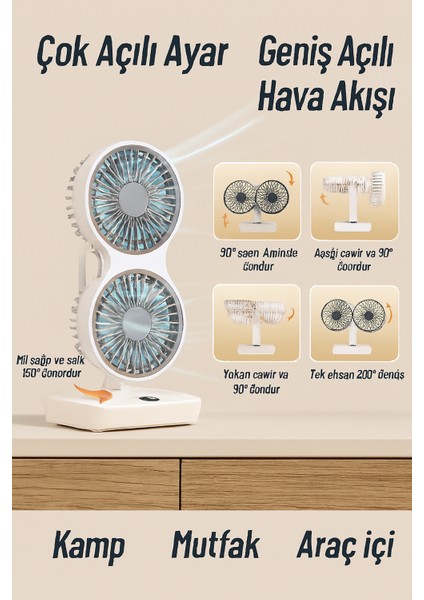 Taşınabilir Masaüstü Fan Çift Başlıklı– USB Şarjlı, Otomatik Döner, LED Işıklı, 4 Hız Ayarı