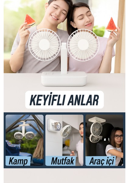 Taşınabilir Masaüstü Fan Çift Başlıklı– USB Şarjlı, Otomatik Döner, LED Işıklı, 4 Hız Ayarı