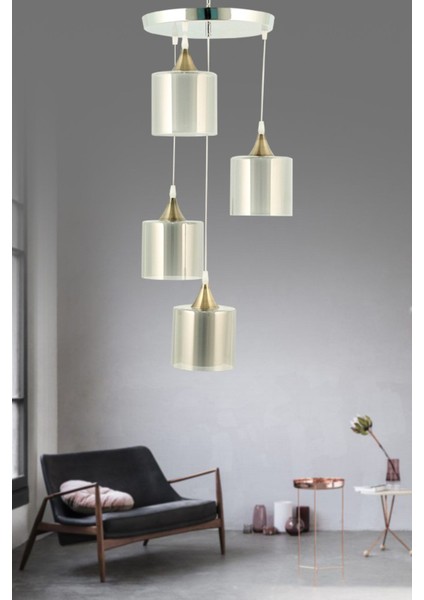 Şık 4'lü Gümüş Tepsi Füme Camlı Lüks Sarkıt Avize