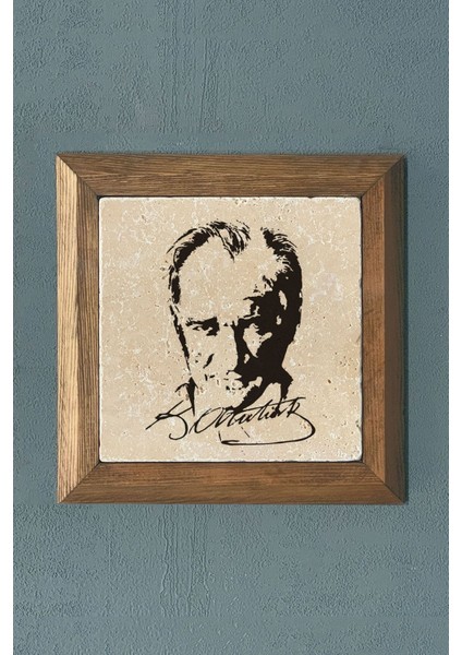 Turuncu Masif Çerçeveli Atatürk Doğaltaş Tablo 28X28 cm