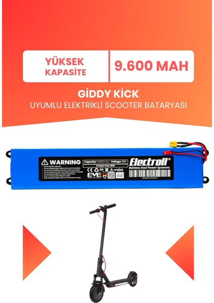 Giddy Kick Uyumlu Batarya (Yüksek Kapasite) 36V 9.600MAH Elektrikli Scooter Bataryası