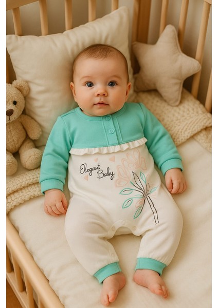 Elegant Baby Mint Yeşili Çiçek Desenli Uzun Kollu Bebek Tulum