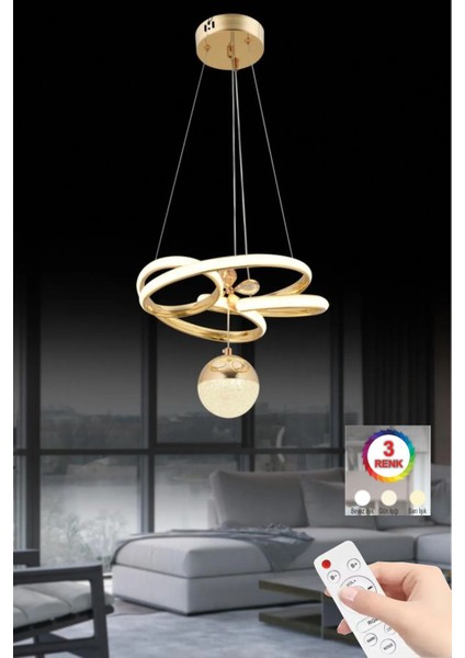 Modern Üç Renkli Gold LED Avize, Kumandalı, Şık ve Lüks Tavan Aydınlatması