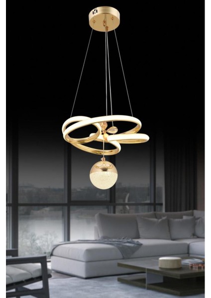 Modern Üç Renkli Gold LED Avize, Kumandalı, Şık ve Lüks Tavan Aydınlatması