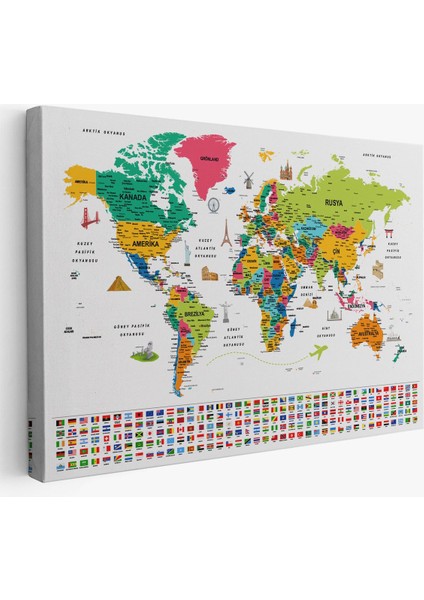 Eğitici Dünya Haritası Dekoratif Duvar Tablosu, Sembollü ve Bayraklı, Şık Tasarım