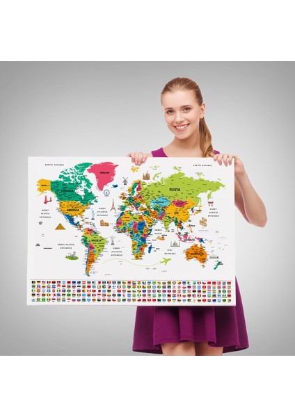 Eğitici Dünya Haritası Dekoratif Duvar Tablosu, Sembollü ve Bayraklı, Şık Tasarım fırsatları