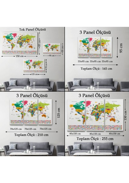 Eğitici Dünya Haritası Dekoratif Duvar Tablosu, Sembollü ve Bayraklı, Şık Tasarım