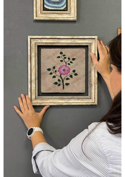 Renkli Taş Duvar Dekoru, Çiçek Temalı 30X30 cm Çerçeveli Tablo