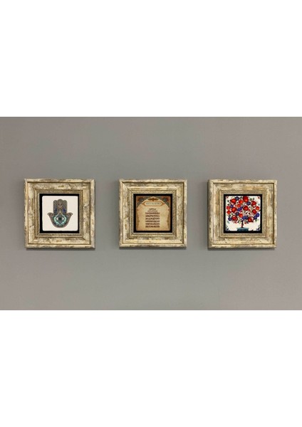 Turuncu 3'lü Taş Duvar Dekor Seti 20X20 Cm, Nar Ağacı ve Ayetel Kürsi Motifli
