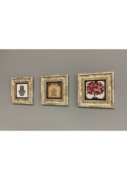 Turuncu 3'lü Taş Duvar Dekor Seti 20X20 Cm, Nar Ağacı ve Ayetel Kürsi Motifli fiyatları