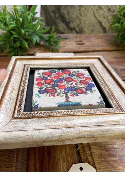 Turuncu 3'lü Taş Duvar Dekor Seti 20X20 Cm, Nar Ağacı ve Ayetel Kürsi Motifli