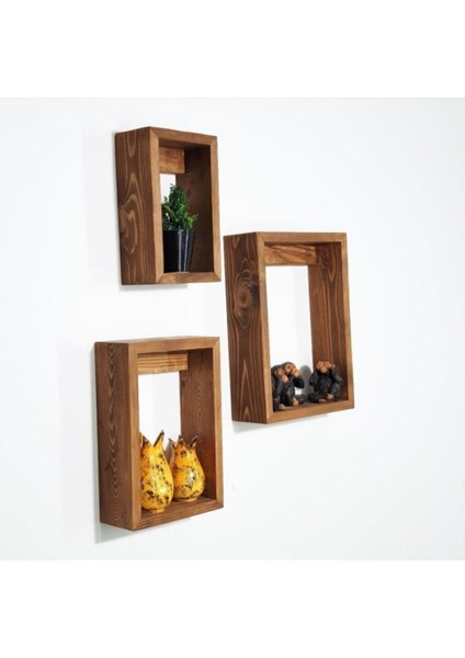 3'lü Ahşap Dikdörtgen Dekoratif Raf Takımı, Vazoluk ve Çiçeklik Seti