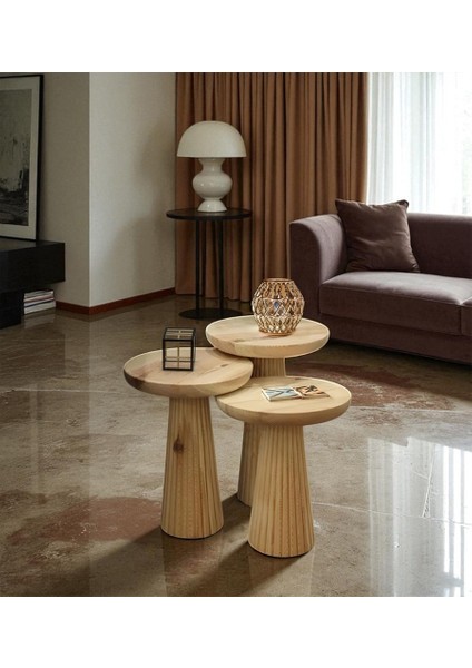 Üst Kalite 3'lü Çizgili Fitilli Mantar Yan Sehpa - Doğal