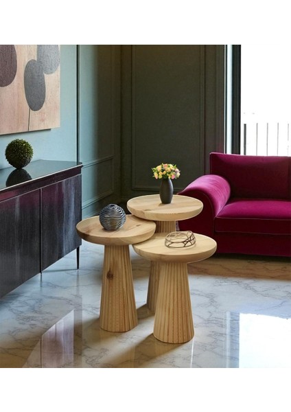 Üst Kalite 3'lü Çizgili Fitilli Mantar Yan Sehpa - Doğal