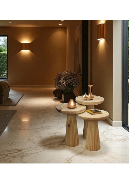 Üst Kalite 3'lü Çizgili Fitilli Mantar Yan Sehpa - Doğal