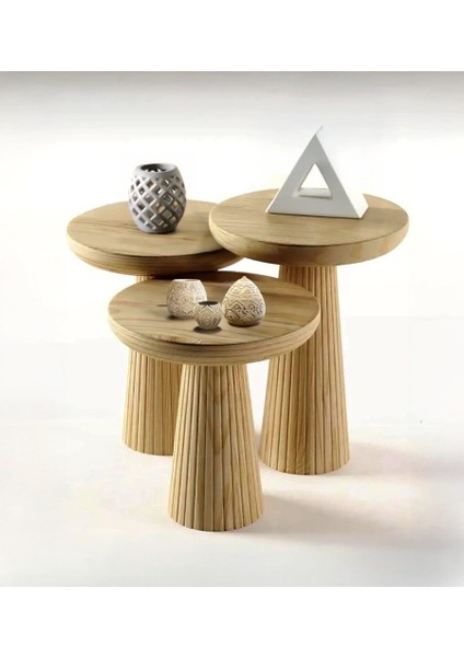 Üst Kalite 3'lü Çizgili Fitilli Mantar Yan Sehpa - Doğal