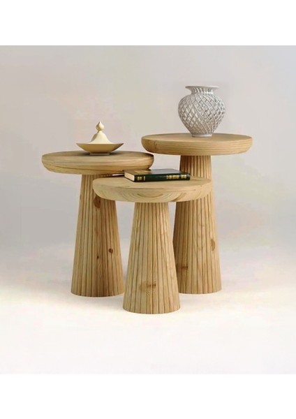 Üst Kalite 3'lü Çizgili Fitilli Mantar Yan Sehpa - Doğal