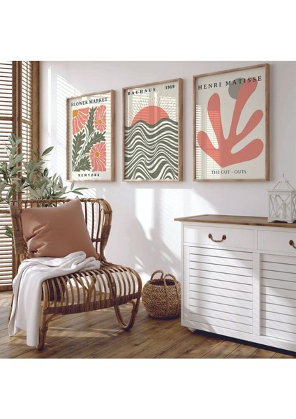 Turuncu Ahşap Çerçeveli 3 Lü Soyut Tablo, Ev ve Ofis Dekoru