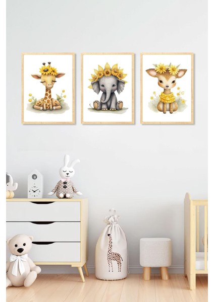 3 Parça Ahşap Çerçeveli Renkli Çocuk Odası Tablo Seti