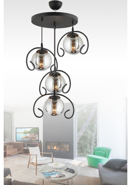 Şık Siyah 4'lü Kelebek Füme Top Camlı Sarkıt Avize modelleri