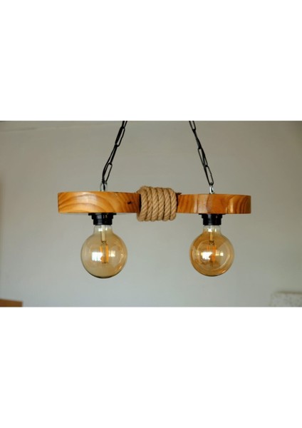 Kahverengi 2'li Ahşap Halatlı Otantik Avize, 55 cm Yüksek, 35X15X4 cm Ölçüleriyle Şık