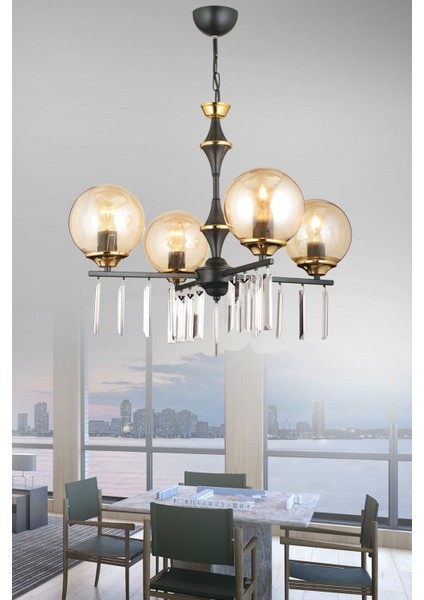 Şık 4'lü Siyah Bal Glop Kristal Camlı Yukarı Bakan Avize