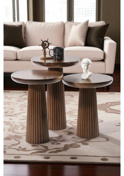 Üst Kalite 3'lü Çizgili Fitilli Mantar Yan Sehpa – Ceviz