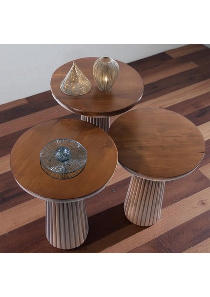 Üst Kalite 3'lü Çizgili Fitilli Mantar Yan Sehpa – Ceviz indirimleri