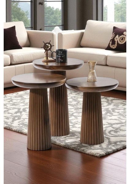 Üst Kalite 3'lü Çizgili Fitilli Mantar Yan Sehpa – Ceviz