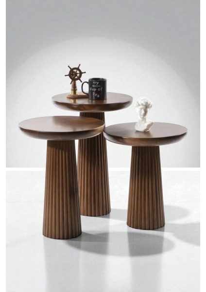 Üst Kalite 3'lü Çizgili Fitilli Mantar Yan Sehpa – Ceviz