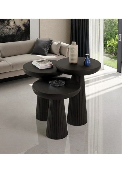 Üst Kalite 3'lü Çizgili Fitilli Mantar Yan Sehpa – Siyah