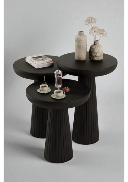 Üst Kalite 3'lü Çizgili Fitilli Mantar Yan Sehpa – Siyah modelleri