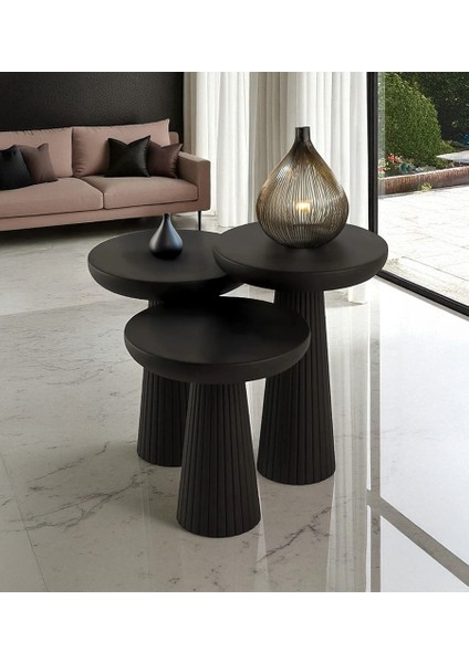 Üst Kalite 3'lü Çizgili Fitilli Mantar Yan Sehpa – Siyah