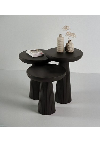 Üst Kalite 3'lü Çizgili Fitilli Mantar Yan Sehpa – Siyah