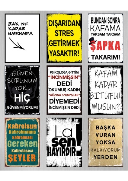 9 Parça Renkli Yazılı Ahşap Tablo Seti, Şık ve Modern Dekorasyon Için Ideal