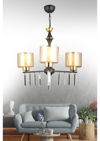 Şık 3'lü Siyah Çift Camlı Lüks Yukarı Bakan Kristal Avize