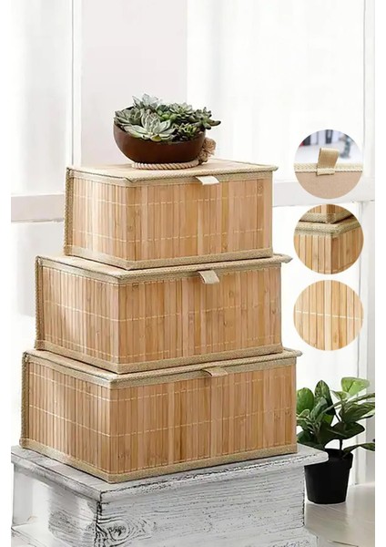 3'lü Kapaklı Dekoratif Bambu Saklama Kutusu - Çok Amaçlı Organizer - Naturel Bambu Sepet Seti