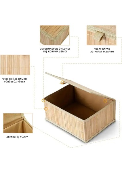 3'lü Kapaklı Dekoratif Bambu Saklama Kutusu - Çok Amaçlı Organizer - Naturel Bambu Sepet Seti