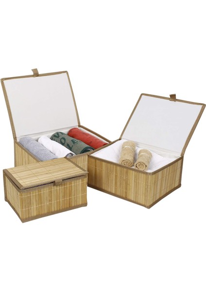 3'lü Kapaklı Dekoratif Bambu Saklama Kutusu - Çok Amaçlı Organizer - Naturel Bambu Sepet Seti