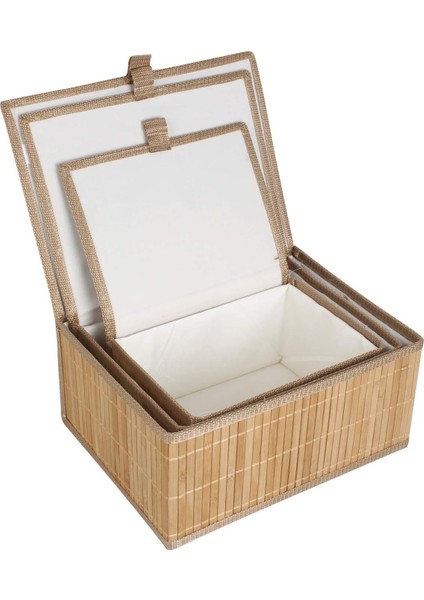 3'lü Kapaklı Dekoratif Bambu Saklama Kutusu - Çok Amaçlı Organizer - Naturel Bambu Sepet Seti