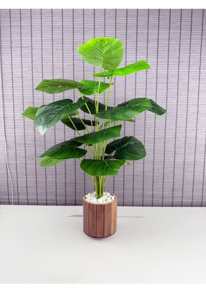 Yapay Çiçek Deve Tabanı 18 Yapraklı 65 cm Salon Çiçeği Ahşap Saksılı Yapay Bitki