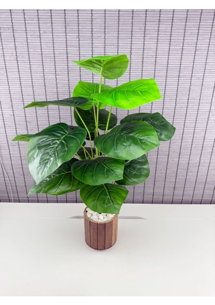 Yapay Çiçek Deve Tabanı 18 Yapraklı 65 cm Salon Çiçeği Ahşap Saksılı Yapay Bitki