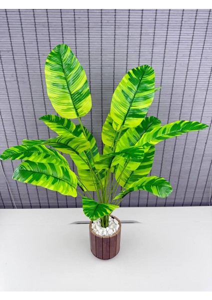 Yapay Yapraklı Starliçe Muz Desenli Çizgili Yaprak Ahşap Saksılı 65CM 18 Yaprak