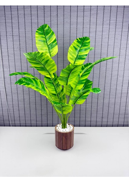 Yapay Yapraklı Starliçe Muz Desenli Çizgili Yaprak Ahşap Saksılı 65CM 18 Yaprak